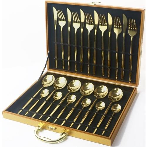 24pcs Knife Fork Spoon Dinner Set Gold Dinnerware Set Stainless Steel Tableware Set Gift Box Dishwasher Safe Cutlery Flatware