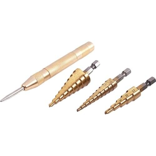 3 pcs HSS Titanium Step Drill Bit Set & 1 pcs Automatic Center Punch