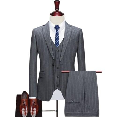 Pinstripe slim-fitting mens suit for formal wedding tuxedo notch lapel 3piece set grey black stripe business groom male fashion