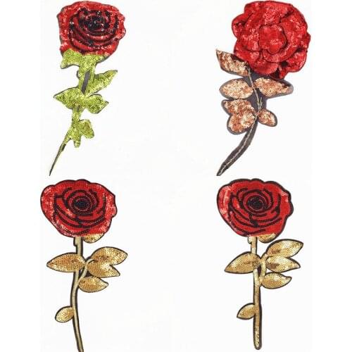 PGY Fine Sequins Embroidered Patches for Clothes Big Rose Sew On Appliques Diy Coat Dress Parches Red Rose Flower Stickers