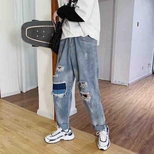 Ripped Jeans Mens pants Jeans Trousers Straight feeling wide legs Loose Jeans Raw Beggar Young Students Blue Jeans