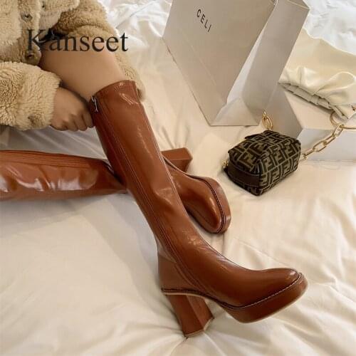 Kanseet 2021 Autumn Women Knee-High Boots Zipper Stretch Riding Boots Thick High Heels Shoes Slim Black Brown Women Long Boots