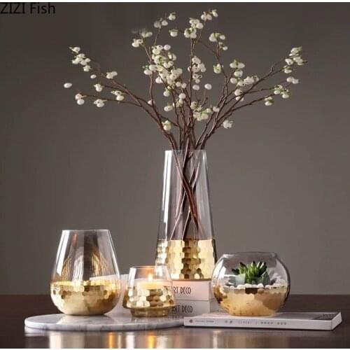 Creative Glass Vase Gilded Gold Base Dried Flower Flower Arrangement Vases Living Room Office Furnishings Home Decoration Modern