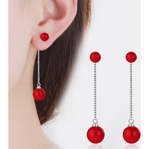 TJP Cute Women Ear line Jewelry Lovely Red Ball Fashion 925 Sterling Silver Female Girl Stud Earrings Hot Girl Summer Accessory