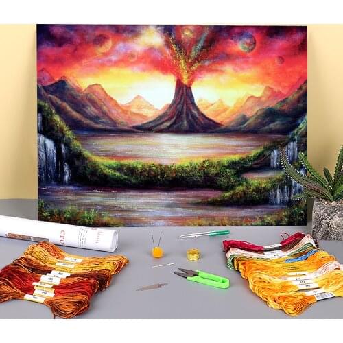 Natural Scenery Volcano Printed Fabric 11CT Cross-Stitch Kit Embroidery DMC Threads Needlework Craft Knitting Handmade Decor