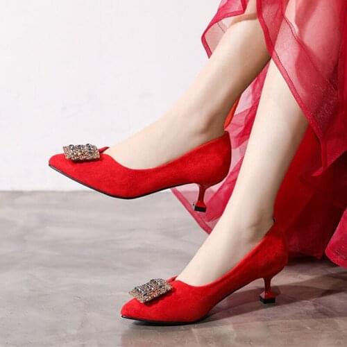 Upscale sheep suede V-open mouth stilettos big size crystal square buckle wedding shoes pointed toe thin high heels bride shoes