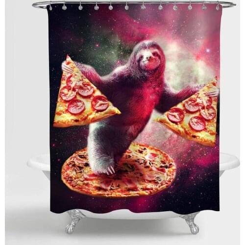 Sloth in Galaxy Space Shower Curtain for Bathroom Decor, Funny Cartoon Animal with Pizza