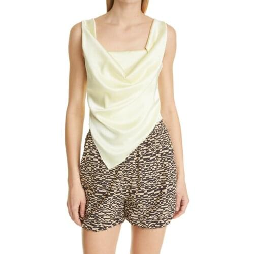 Womens Satin Pleated Square Neck Tank Top 2021 Summer Asymmetrical Hem Backless Vest Female Outfit Camis