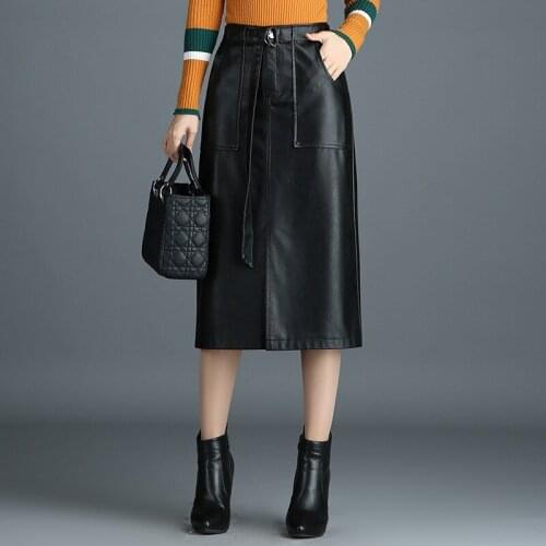 SWYIVY 4XL Sexy Skirt Women Black Long Skirts Autumn/winter 2019 Faux Leather Ladies OL Skirt PU Leather Work Skirts For Women