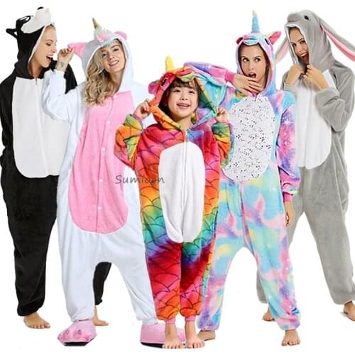Adult Animal Pajamas Women Unicorn Sleepwear Onesie Kigurumi Rabbit Pyjama Kids Anime Overalls Winter Panda Nightie Jumpsuit