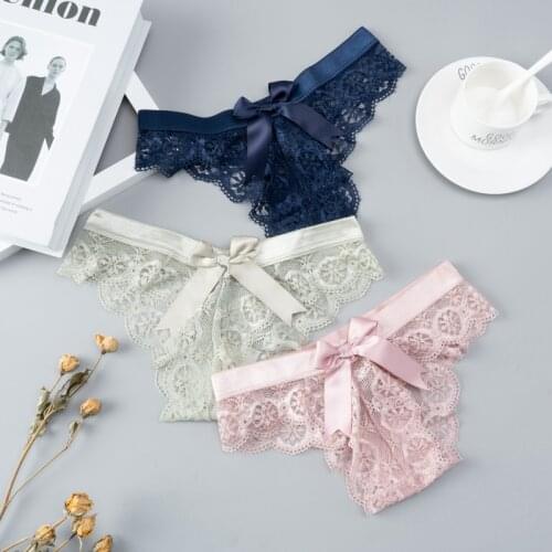 2021 Sexy Lace Panties Women Transparent Low-Waist Thong Hollow Out Exotic T back Female Fashion Bow-knot G-String Underwear