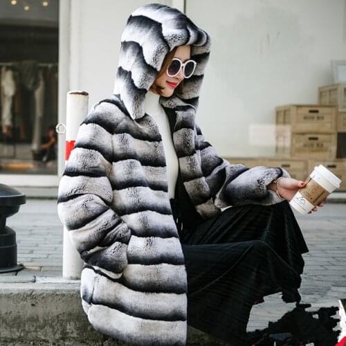 New Fashion Rex Rabbit Coat With A Hood long sleeve thick warm fur winter women real fur coat jacket