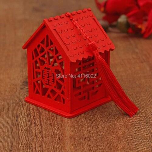 50pcs Exquisite House Shape Wedding Candy Box Chinese Style Red Wooden Chocolate Candy Boxes Party Decoration