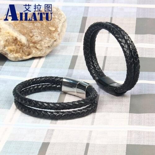 Ailatu New Genuine Leather Bracelet Double Layer Stainless Steel Bangle Jewelry For Birthday Gift Engrave Logo