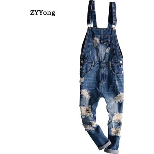 Blue Hole Overalls Men Denim Jumpsuit Ripped Tattered Jeans Bib Ankle Length Hip Hop Big Pocket Korean Cargo Pants Trousers