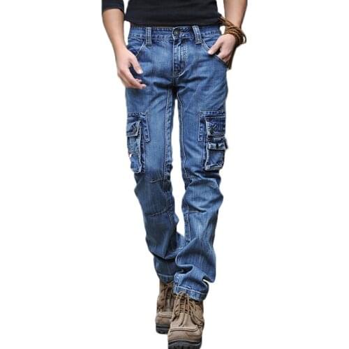 Mens Blue Cargo Jeans Multi Pockets Long Straight fit Denim Pants High Quality Mens Outdoor Casual Jeans