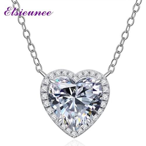ELSIEUNEE Classic 100% 925 Sterling Silver Heart Simulated Moissanite Diamond Gemstone Pendant Necklaces Women Fine Jewelry Gift