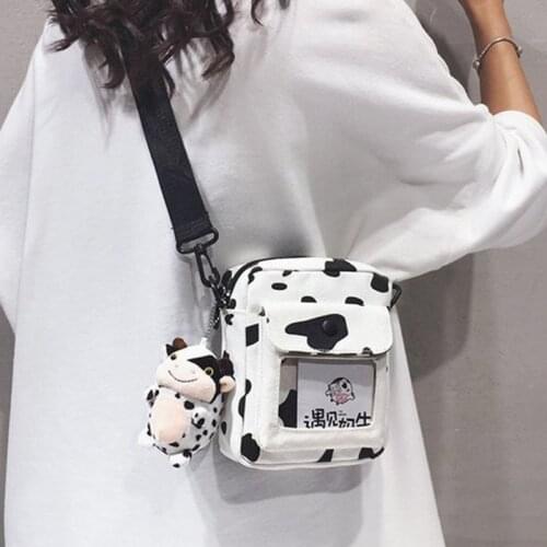 Harajuku Cow Pattern Canvas Bag Women Shoulder Messenger Girls Transprant Crossbody Bags with Cute Pendant Fashion
