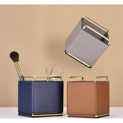 Makeup Brushes Storage Box Pencil Pot Holder PU Leather Desk Remote Control Bucket Nordic Ornaments Sundries Storage Bucket