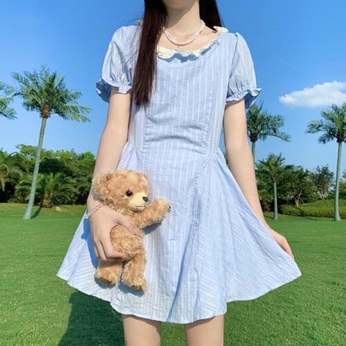 Japanese Summer Lolita Dress Soft Girl Kawaii Ruffle Puff Sleeve Blue A-Line Dress Elegant Lace Stitching Sweet WomenS Clothing