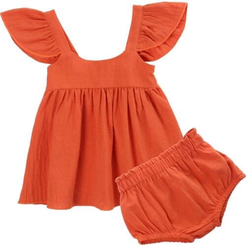 2020 Summer Baby Girls Outfits Flying Sleeve Square Collar Solid Color Top + Elastic Waistband Shorts Set 0-18M Toddler Clothing
