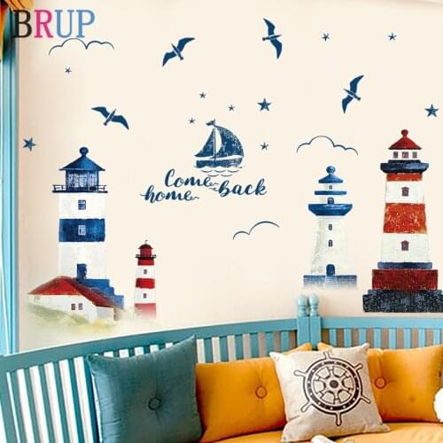 Mediterranean Lighthouse Wall Sticker Sailboat Seagull Home Decor for Baby Room Cartoon Kids Room Decoration PVC Vinyl Wallpaper