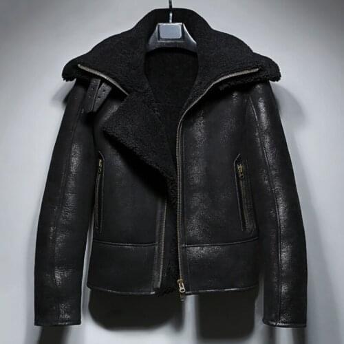 New Mens B3 Shearling Jacket Short Fur Jacket Black Leather Jacket Fashion Casual Coat Mens Winter Coats Sheepskin Coat