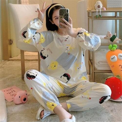 Autumn Cartoon Casual Long-Sleeved Pants with Drawstring-Foot Sleeve Homewear Suit Pajamas for Teen Girls Kawaii Pajamas