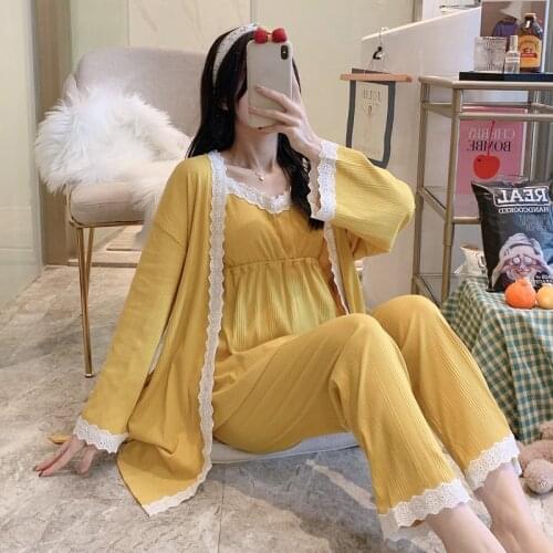 3PCS Lace Patchwork Cotton Maternity Nursing Sleepwear Set Spring Pajamas Suits Clothes for Pregnant Women Pregnancy Home Lounge
