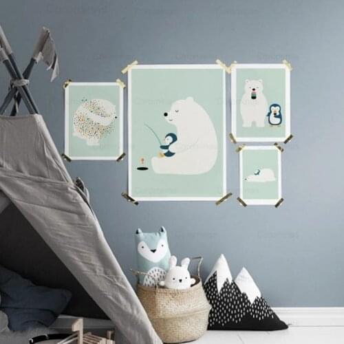 Polar Bear Penguin Fishing Nordic Posters and Prints Nursery Wall Art Canvas Painting Animal Wall Pictures Baby Kids Room Decor