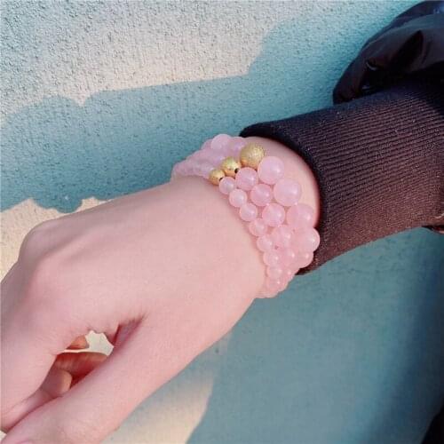 Pink Rose Powder Crystal Quartz Natural Stone beads Bracelet Elastic Cord Pulserase Jewelry lucky Lovers Woman Girl Wedding Gift