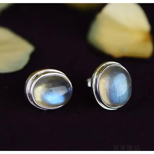 Sterling Silver India Nepal Manual Mosaic Moonlight Labradorite Earrings Stud Earrings Blu-Ray Egg-Shaped Ellipse