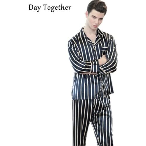Silk Satin Pyjamas Set For Men Spring Loungewear Male Long Sleeve Vertical Strip Shirts Navy Pants Pajamas Men
