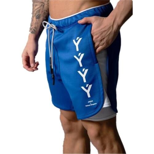 Double cloth Men Shorts Gym Sport Running Short Pants Fitness Bodybuilding Workout Joggers Knee Length trousers pockets