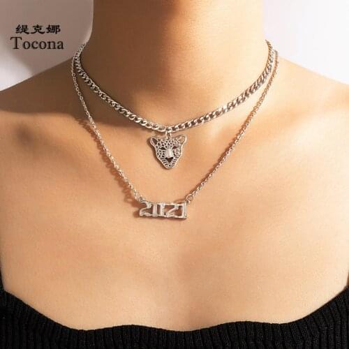 Tocona New Trendy 2021 Tiger Pendant Necklace for Women Charms Letter Silver Color Alloy Metal Multi-layer Jewelry Collar 18522
