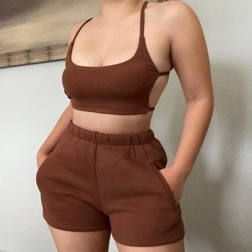 Backless Camis And Shorts Loungewear Set Clothes Vendors For Women Sporty Ribbed Fashion Casual Strap 2 Piece Tracksuit