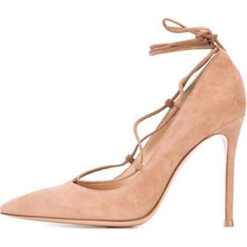 Women Lace-up Strappy Pumps Pointed Toe High Heels Spring Autumn Dress Shoes 2018 Ankle Wrap Wedding Dress Shoes Big Size 10