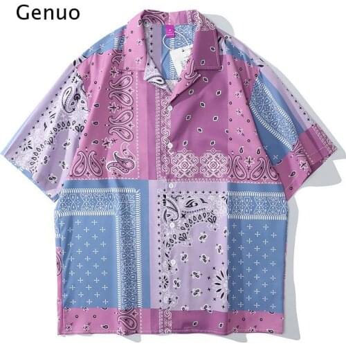 Streetwear Bandana Paisley Shirts Summer Blouse Short Sleeve Patchwork Color Block Beach Shirt Harajuku Tops Male