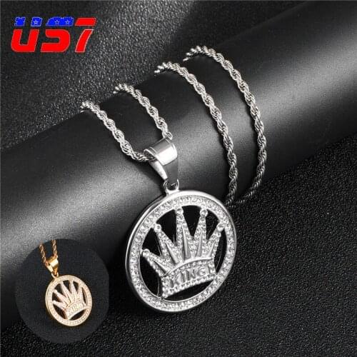 US7 Bing Iced out Crown KING Pendants Necklaces Men Stainless Steel Crystal Hip Hop Rapper Tennis Chain Cool Street Jewelry