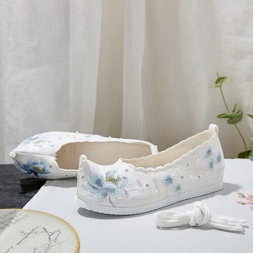 XinHuaEase Hanfu Shoes Womens Embroidered Lotus Ancient Chinese Traditional Dance Performance Oriental Ankle Strap Canvas Flat