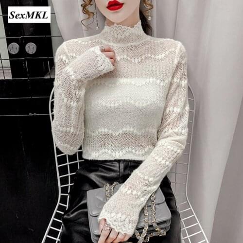 Sexy Long Sleeve Lace Blouses Women 2021 Fashion Casual Hollow Out Summer Ladies Tops Korean Clothes Slim Office Camisas Mujer