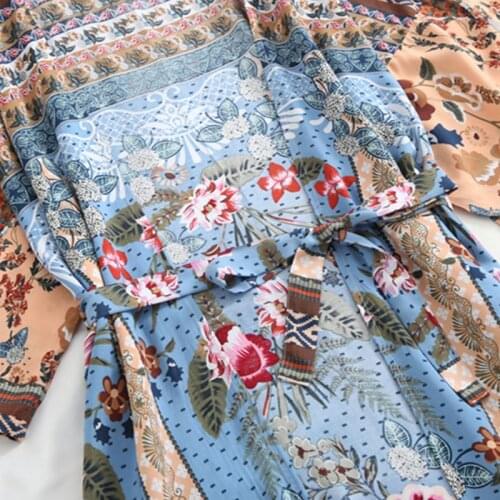 Women Beach Swimsuit Cover Up Boho Floral Printed Open Front Kimono Cardigan Long Sleeves Belted Wrap Front Side Split Maxi Robe