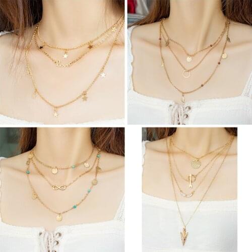 2020 Bohemian Multi Layered Necklace for Women Vintage Charm Star Letter LOVE Personality Gold Pendant Necklace Collier Collares