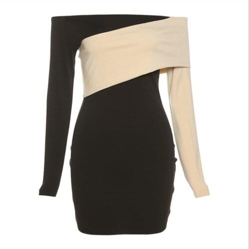 Autumn new womens sexy hit color one-shoulder high waist bag hip dress