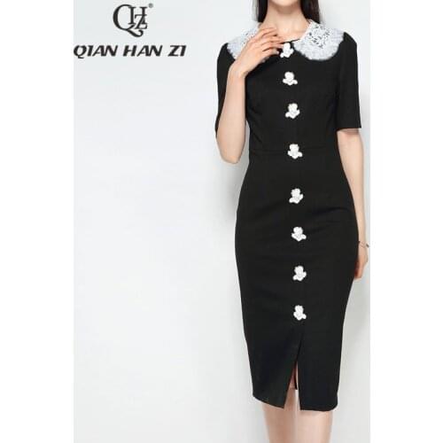 Qian Han Zi designer fashion dress Lace lapel black party bodycon dress Angel Baby Applique Button Mid-Calf Dress
