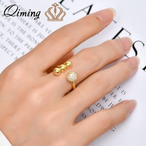 Gold Zircon Ball Beads Women Ring Luxury Statement Fashion Jewelry Geometric Open Adjustable Korean Female Rings Gift