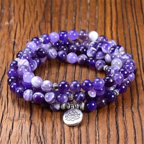 108Mala Wrap Bracelet 8MM Amethyst Natural Stone beads Lotus OM Buddha Charm Bracelet & Necklace For Women Gifts Dropshipping