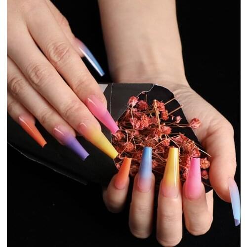 20 Pcs Gradient Long Ballet Coffin Fake Nails Plastic Pres On Nails faux ongles Manicure Nail Tips Rainbow Color Nail Art FN17