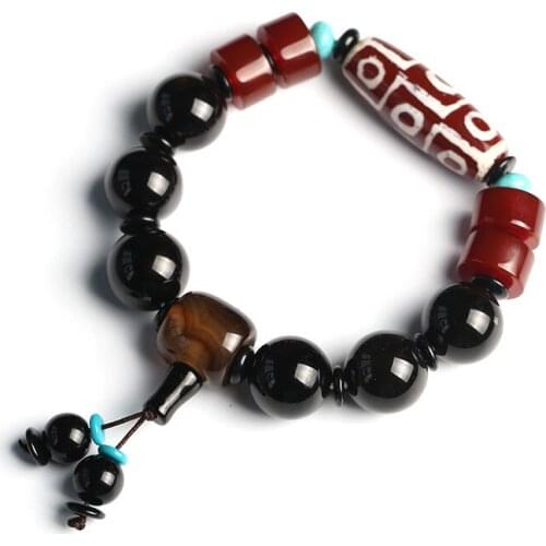 Men Women Dzi Bracelet Nine-Eyed Dzi Beads Bracelet Round Beads Agate Bracelts Gift for Males Fine Jewelry