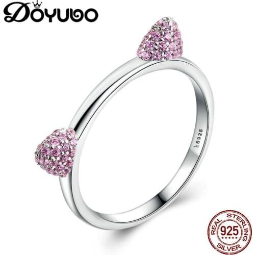 DOYUBO Cute Lady 925 Sterling Silver Rings Pink Cubic Zirconia Cat Ears Shape Silver Rings Lovely Girl Party Ring Jewerly AGB047